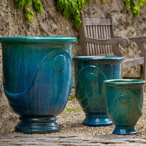 Mediterranean Blue Glazed Terra Cotta Urn Planters - Set of 3