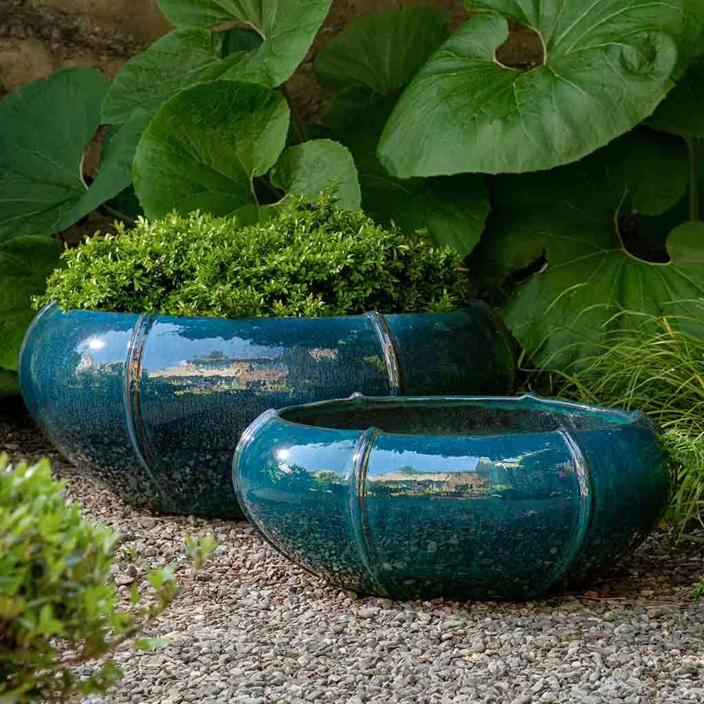 low planter pots Low Glazed Terra Cotta Rib Vault Planters - Indigo Rain