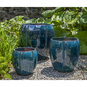 Glazed Terra Cotta Rib Vault Planters - Set of 3 in Indigo Rain