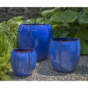 Glazed Terra Cotta Rib Vault Planters - Set of 3 in Riviera Blue