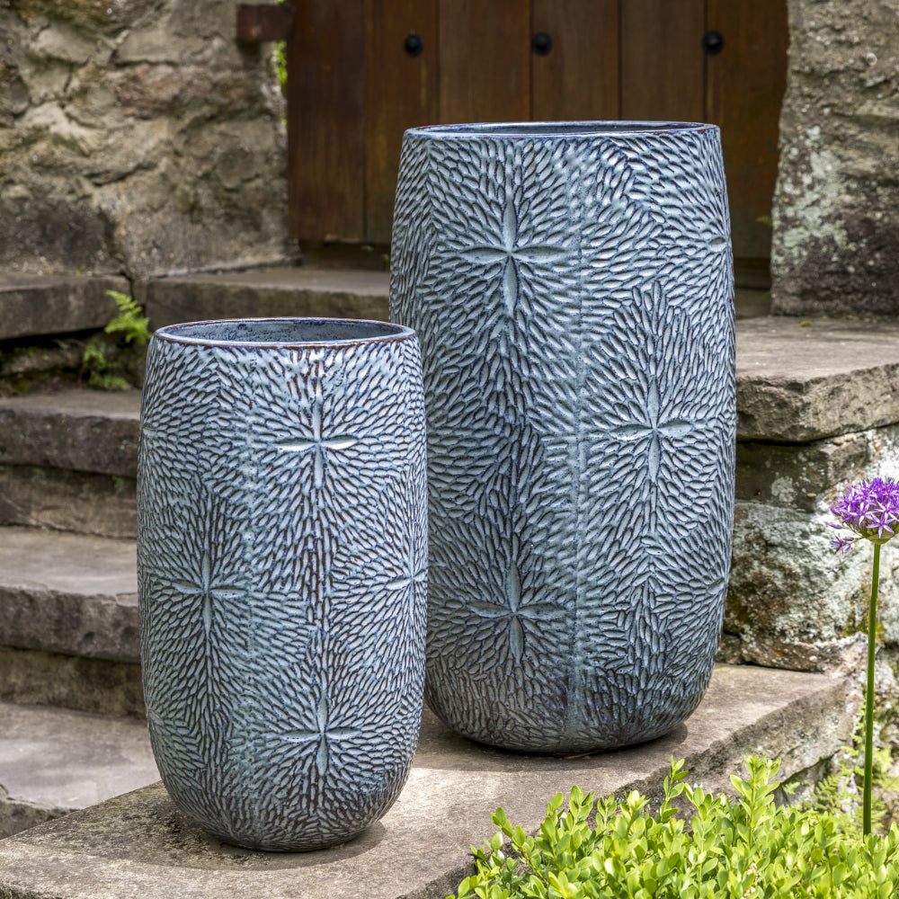 Glazed Terra Cotta Tall Sand Dollar Planters - Set of 2 in French Blue