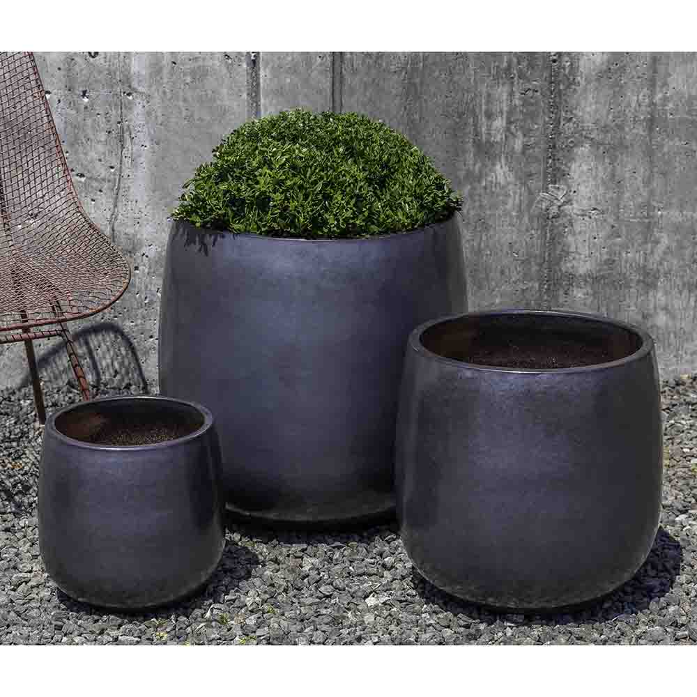 small grey outdoor plant pots Metal Grey Glazed Terra Cotta Barrel Planters - Set of 3