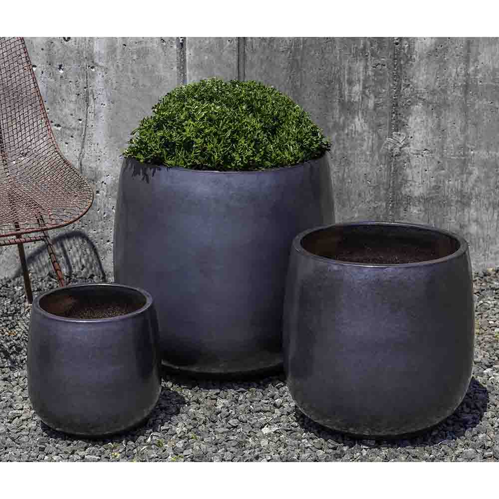 Metal Grey Glazed Terra Cotta Barrel Planters - Set of 3