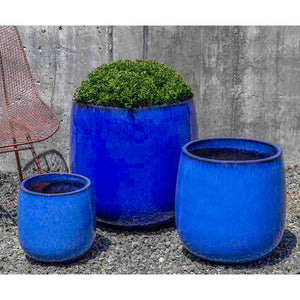 Riviera Blue Glazed Terra Cotta Barrel Planters - Set of 3