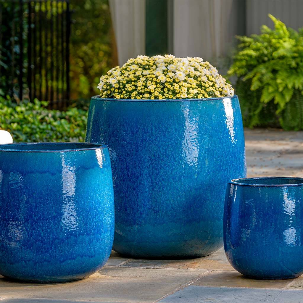 Cerulean Blue Glazed Terra Cotta Barrel Planters - Set of 3