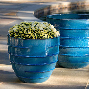 Cerulean Blue Glazed Terra Cotta Ridged Planters - Set of 2