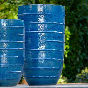 Cerulean Blue Tall Ridged Terra Cotta Planters - Set of 2