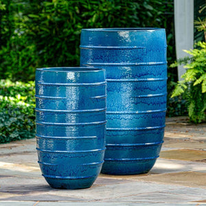 Cerulean Blue Tall Ridged Terra Cotta Planters - Set of 2