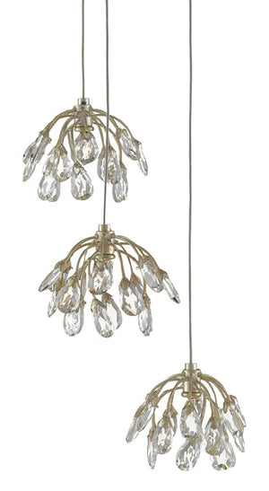 Currey and Company Crystal Bud 3-Light Multi-Drop Pendant - Painted Silver/Contemporary Silver Leaf