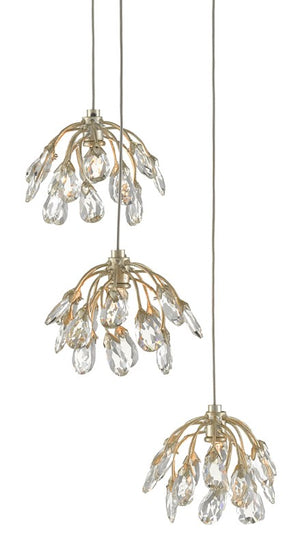 Currey and Company Crystal Bud 3-Light Multi-Drop Pendant - Painted Silver/Contemporary Silver Leaf