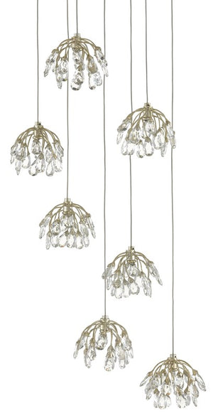Currey and Company Crystal Bud 7-Light Multi-Drop Pendant - Painted Silver/Contemporary Silver Leaf