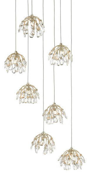 Currey and Company Crystal Bud 7-Light Multi-Drop Pendant - Painted Silver/Contemporary Silver Leaf