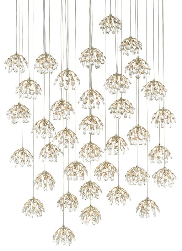 Currey and Company Crystal Bud 36-Light Multi-Drop Pendant - Painted Silver/Contemporary Silver Leaf