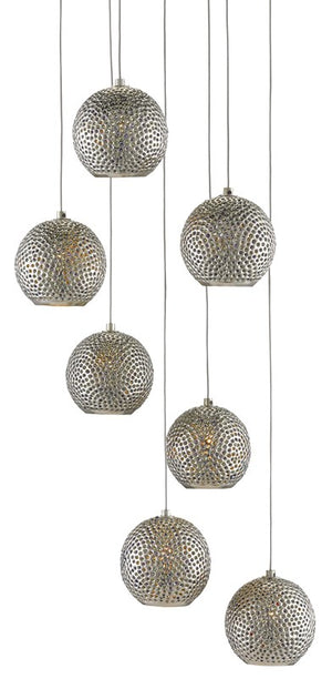 Currey and Company Giro 7-Light Multi-Drop Pendant - Painted Silver/Nickel/Blue