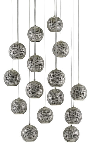 Currey and Company Giro Round 15-Light Multi-Drop Pendant - Painted Silver/Nickel/Blue