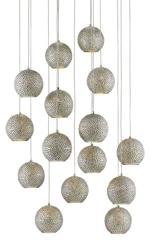Currey and Company Giro Round 15-Light Multi-Drop Pendant - Painted Silver/Nickel/Blue