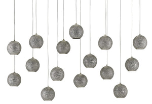 Currey and Company Giro Rectangular 15-Light Multi-Drop Pendant - Painted Silver/Nickel/Blue