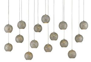 Currey and Company Giro Rectangular 15-Light Multi-Drop Pendant - Painted Silver/Nickel/Blue