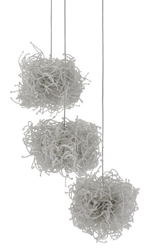 Currey and Company Birds Nest 3-Light Multi-Drop Pendant - Painted Silver/Clear