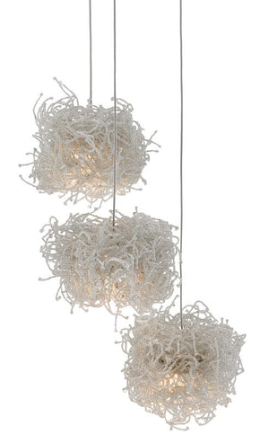 Currey and Company Birds Nest 3-Light Multi-Drop Pendant - Painted Silver/Clear