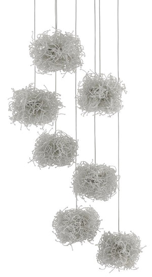 Currey and Company Birds Nest 7-Light Multi-Drop Pendant - Painted Silver/Clear