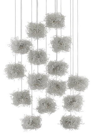 Currey and Company Birds Nest Round 15-Light Multi-Drop Pendant - Painted Silver/Clear