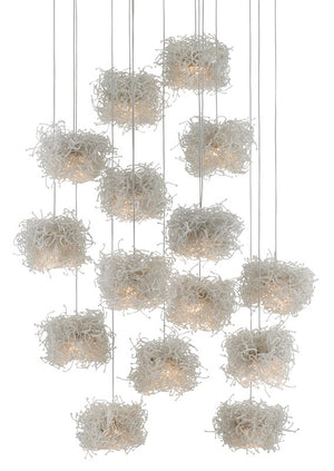 Currey and Company Birds Nest Round 15-Light Multi-Drop Pendant - Painted Silver/Clear
