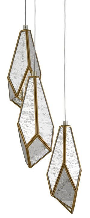 Currey and Company Glace 3-Light Multi-Drop Pendant - Painted Silver/Antique Brass