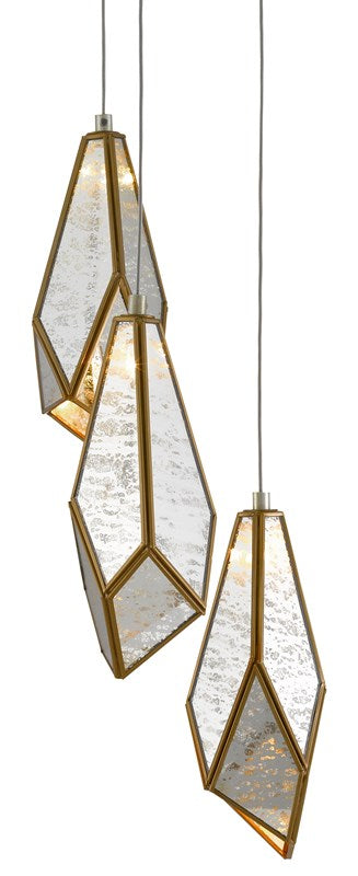 Currey and Company Glace 3-Light Multi-Drop Pendant - Painted Silver/Antique Brass