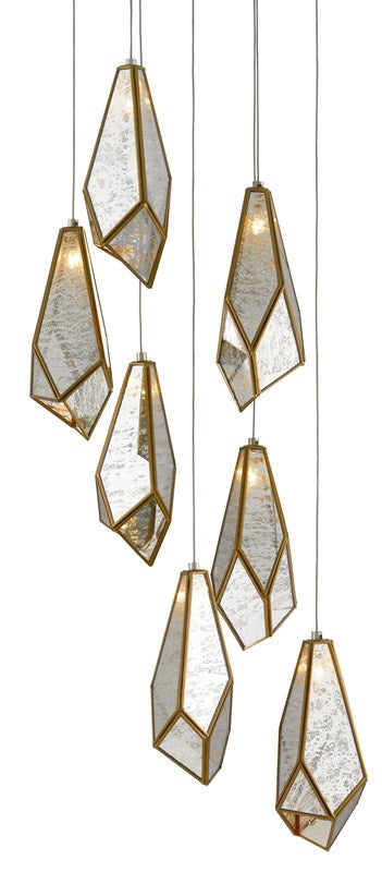 Currey and Company Glace 7-Light Multi-Drop Pendant - Painted Silver/Antique Brass