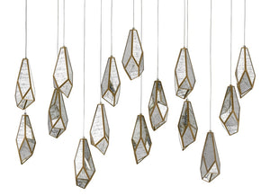 Currey and Company Glace Rectangular 15-Light Multi-Drop Pendant - Painted Silver/Antique Brass