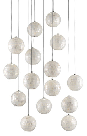 Currey and Company Finhorn Round 15-Light Multi-Drop Pendant - Painted Silver/Pearl