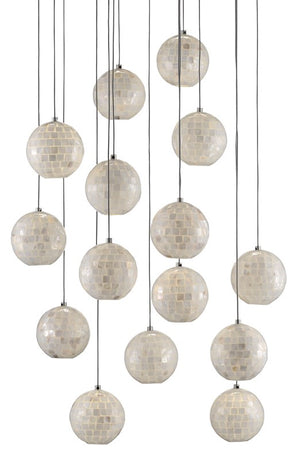 Currey and Company Finhorn Round 15-Light Multi-Drop Pendant - Painted Silver/Pearl