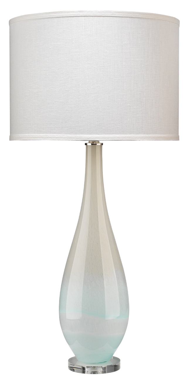 Dewdrop Table Lamp in Sky Blue Glass with Classic Drum in White Linen