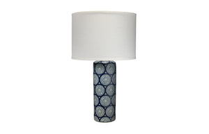 Neva Table Lamp in Blue and White Ceramic with Classic Drum Shade in White Linen