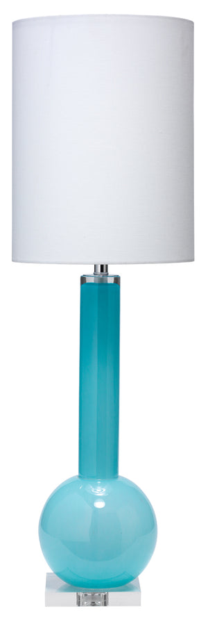 Studio Table Lamp in Powder Blue Glass with Tall Thin Drum Shade in White Linen