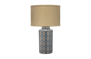 Verona Table Lamp in Blue, Brown, and White Ceramic with Medium Drum Shade in Natural Burlap