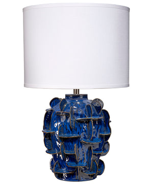 Helios Table Lamp in Cobalt Blue Ceramic w/ White Linen Drum Shade