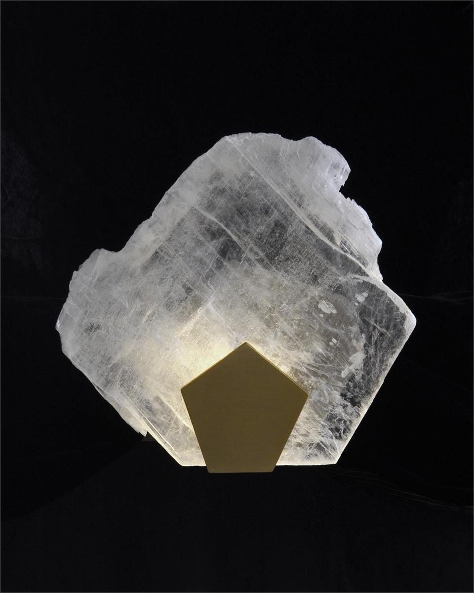 Moonlight Sonata:  Selenite Pane Single-Light Wall Sconce in Antique Brass Finish