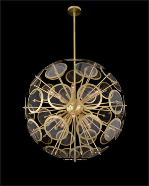 Genesis: Acrylic Sphere Ten-Light Pendant in Antique Brass