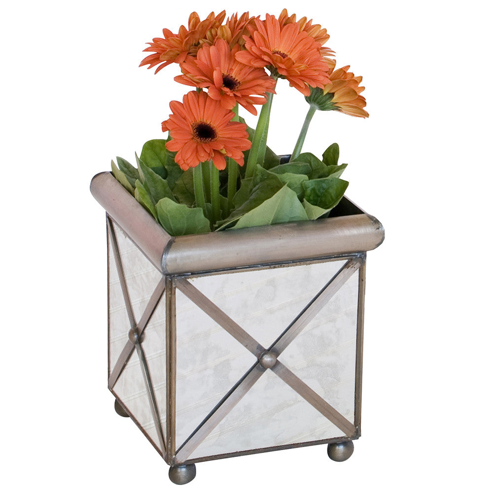 mirrored planter pots Worlds Away Small Crosshatch Antique Mirror Planter