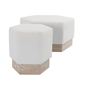 Worlds Away Asher Hexagon Stool with Cerused Oak Base - White Linen