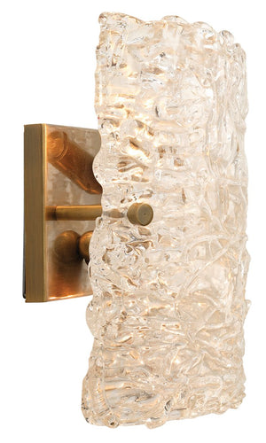 Swan Curved Glass Sconce, Large in Clear Textured Glass & Antique Brass Metal