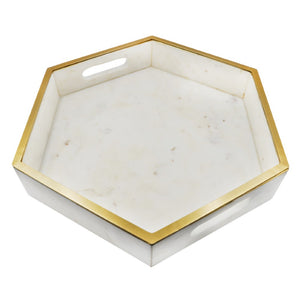 Worlds Away Hexagonal White Marble Tray with Brass Edging