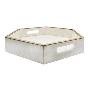 Worlds Away Hexagonal White Marble Tray with Brass Edging