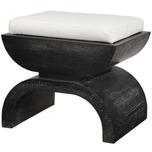 Worlds Away Biggs Oak Stool with White Linen Cushion - Black