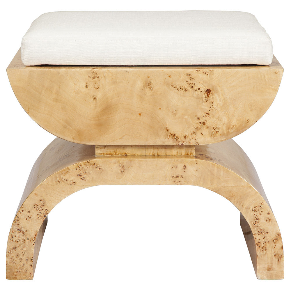 Worlds Away Biggs Stool with White Linen Cushion - Burlwood