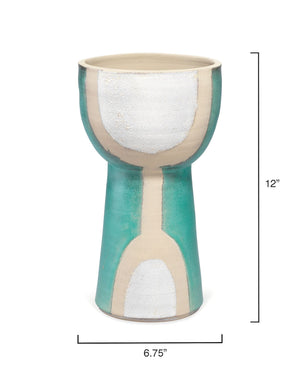 Tall Decorative Ceramic Goblet - Aqua, Natural & White