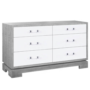 Worlds Away Crawford 6 Drawer Chest with White Lacquer Fronts - Grey Cerused Oak