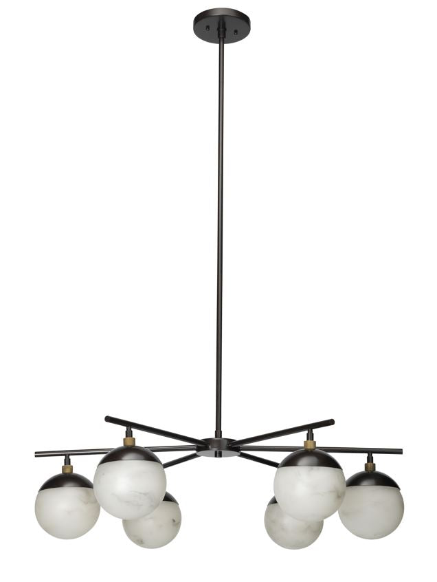 Metro 6 Light Chandelier - Faux White Alabaster and Oil Rubbed Bronze w/ Antique Brass Accents